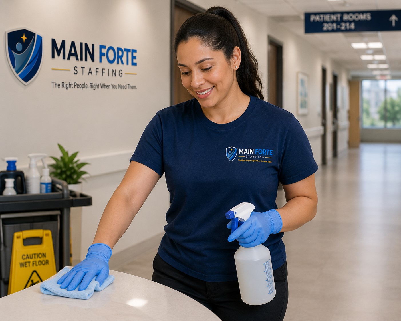Cleaner at work wearing Main Forte Staffing shirt