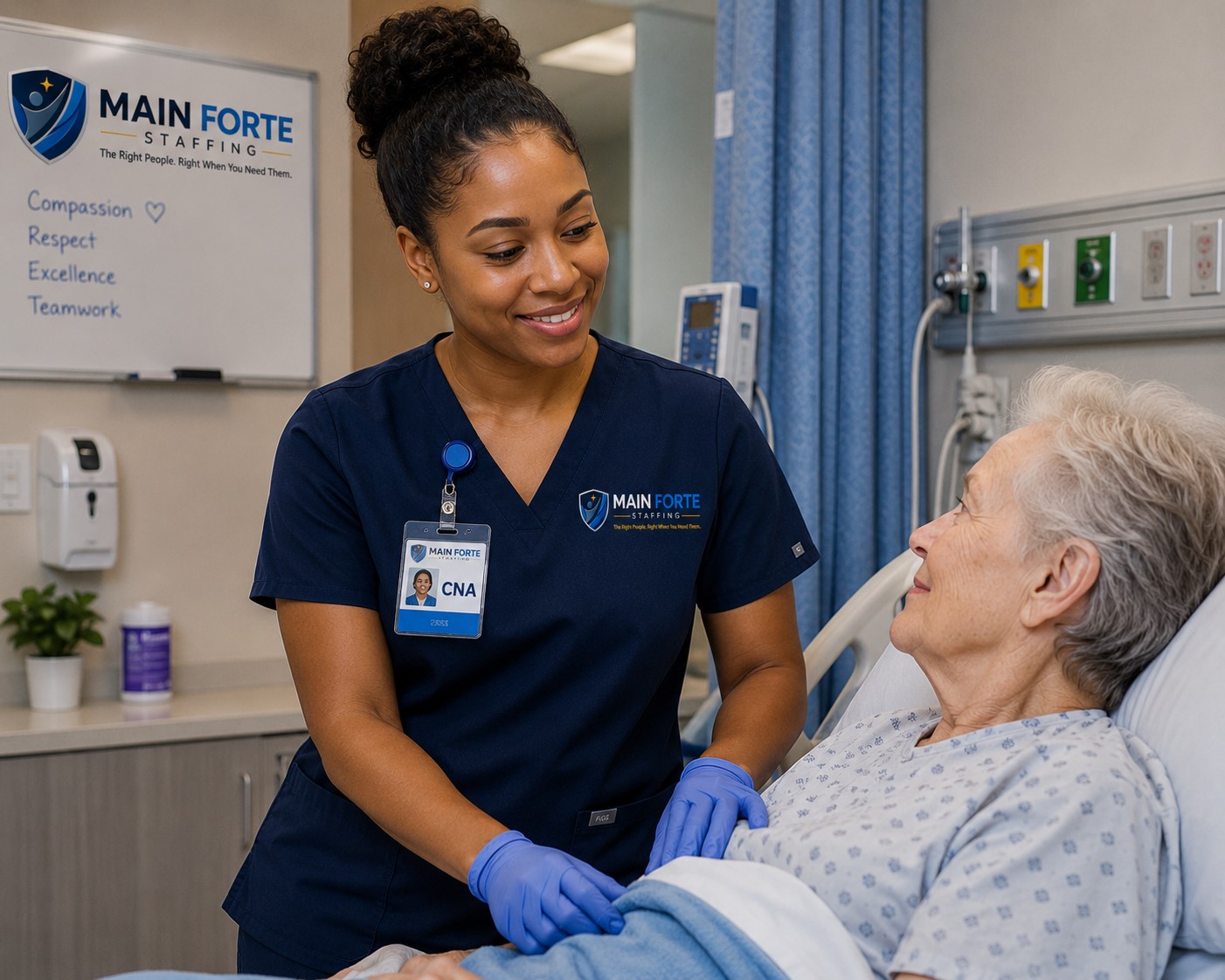 CNA at work wearing Main Forte Staffing scrubs