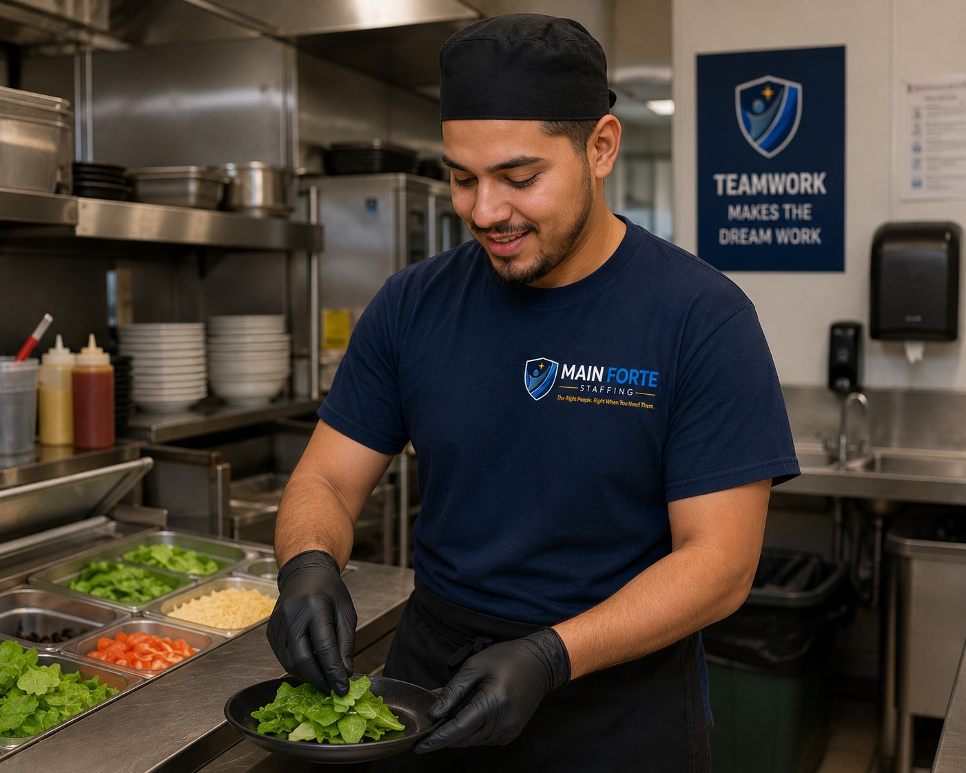 Kitchen helper at work wearing Main Forte Staffing shirt